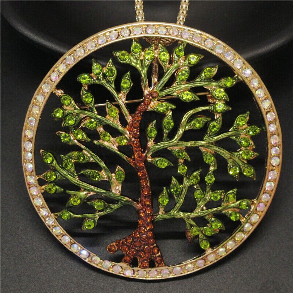 TREE of LIFE Emerald Green, Topaz & Pave Set Crystal Rhinestone Pendant Necklace